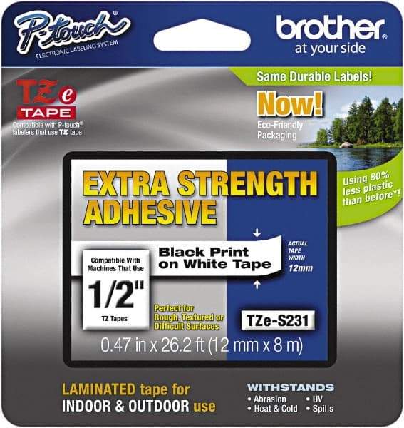 Brother - 1/2" Wide x 314.4" Long, White Plastic/Paper Tape Cassette - For Label Maker - USA Tool & Supply