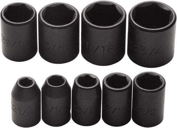 Proto - 9 Piece 3/8" Drive Impact Socket Set - 6 Points, 1/4" to 3/4" Range, Inch Measurement Standard - USA Tool & Supply