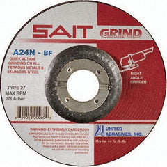 Sait - 24 Grit, 7" Wheel Diam, 1/4" Wheel Thickness, 7/8" Arbor Hole, Type 27 Depressed Center Wheel - Aluminum Oxide, Resinoid Bond, N Hardness, 8,500 Max RPM, Compatible with Angle Grinder - USA Tool & Supply