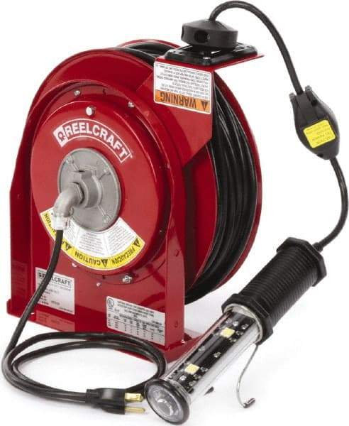 Reelcraft - 16 AWG, 50' Cable Length, Cord & Cable Reel with LED Light End - 1 Outlet, NEMA 5-15R, 13 Amps, 125 Volts, SJTOW Cable, Red Reel, Spring Driven Reel - USA Tool & Supply