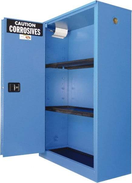 Securall Cabinets - 2 Door, 2 Shelf, Blue Steel Standard Safety Cabinet for Corrosive Chemicals - 65" High x 43" Wide x 18" Deep, Sliding Door, 3 Point Key Lock, 45 Gal Capacity - USA Tool & Supply