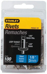 Stanley - Steel Color Coded Blind Rivet - Steel Mandrel, 0.062" to 1/8" Grip, 1/4" Head Diam, 0.125" to 0.133" Hole Diam, 0.275" Length Under Head, 1/8" Body Diam - USA Tool & Supply