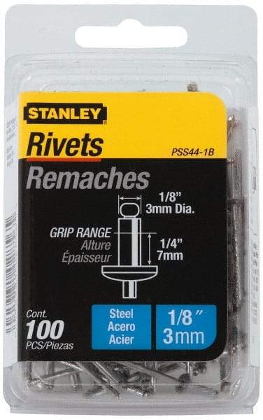 Stanley - Steel Color Coded Blind Rivet - Steel Mandrel, 0.188" to 1/4" Grip, 1/4" Head Diam, 0.125" to 0.133" Hole Diam, 0.4" Length Under Head, 1/8" Body Diam - USA Tool & Supply