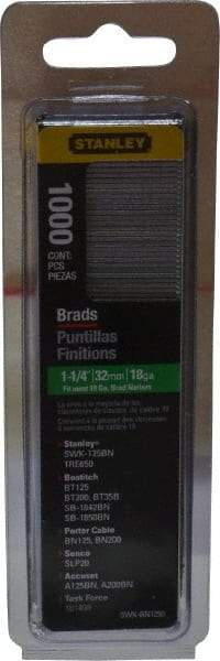 Stanley - 18 Gauge 1-1/4" Long Brad Nails for Power Nailers - Steel, Galvanized Finish, Straight Stick Collation, Brad Head, Chisel Point - USA Tool & Supply