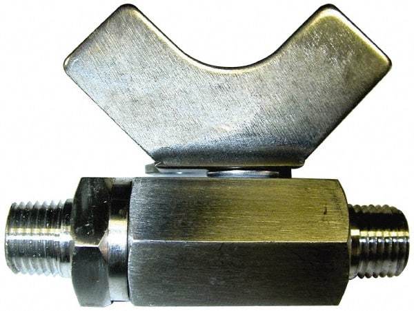 Midwest Control - 1/2" Pipe, Reduced Port, Stainless Steel Miniature Ball Valve - 2 Piece, Inline - Two Way Flow, MNPT x MNPT Ends, Butterfly Handle, 1,000 WOG, 150 WSP - USA Tool & Supply