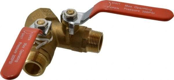 Midwest Control - 3/4 x 1" Pipe, Standard Port, Brass Standard Ball Valve - 2 Piece, Three Way, FNPT x MNPT x MNPT Ends, Lever Handle, 250 WOG, 150 WSP - USA Tool & Supply