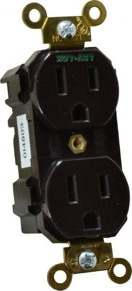 Leviton - 125 VAC, 15 Amp, 5-15R NEMA Configuration, Brown, Industrial Grade, Self Grounding Duplex Receptacle - 1 Phase, 2 Poles, 3 Wire, Flush Mount, Impact and Tamper Resistant - USA Tool & Supply