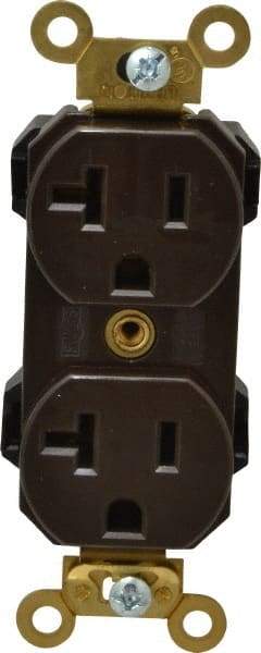 Leviton - 125 VAC, 20 Amp, 5-20R NEMA Configuration, Brown, Industrial Grade, Self Grounding Duplex Receptacle - 1 Phase, 2 Poles, 3 Wire, Flush Mount, Impact and Tamper Resistant - USA Tool & Supply