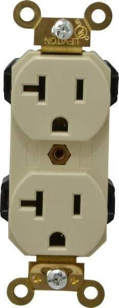 Leviton - 125 VAC, 20 Amp, 5-20R NEMA Configuration, Ivory, Industrial Grade, Self Grounding Duplex Receptacle - 1 Phase, 2 Poles, 3 Wire, Flush Mount, Impact and Tamper Resistant - USA Tool & Supply