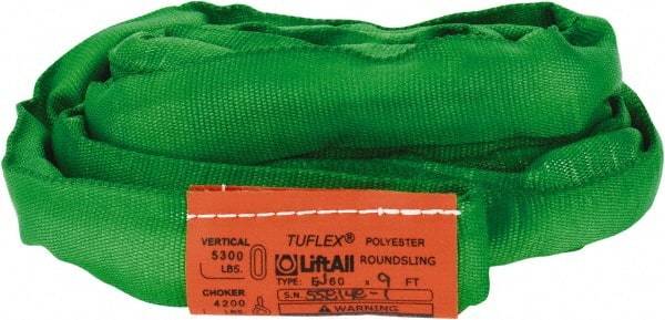 Lift-All - 9' Long x 1-3/8" Wide, Polyester Web Sling - 4,200 Lb Choker Capacity, 7/8" Diam Chain, Green - USA Tool & Supply