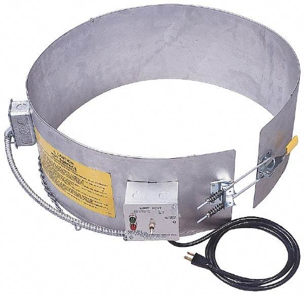 Made in USA - 9-1/4" Wide, 5 Gallon Wrap-Around Drum Heater - 120 Volt, to 800 Watts, 0.9 Amps, 0°F to 165°F Thermostat Rating - USA Tool & Supply