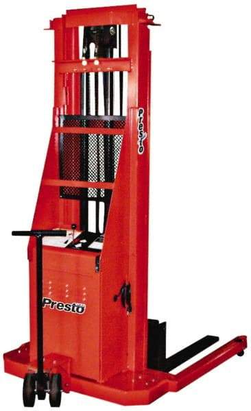 Presto Lifts - 2,000 Lb Capacity, 86" Lift Height, Battery Operated Pallet Straddle Stacker - 2-1/2" Lowered Height, 24" Load Center, 36" Fork Length, 56" Overall Width - USA Tool & Supply