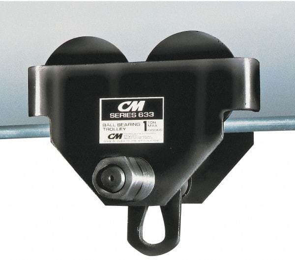 CM - 1 Ton Capacity Wide Range Ball Bearing Trolley - 3" to 8" Flange Width, 3-15/32" Wheel Diam, 5" to 24" I-Beam, 35" Min Radius - USA Tool & Supply