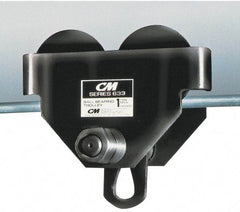 CM - 1/2 Ton Capacity Wide Range Ball Bearing Trolley - 2-1/2" to 5-5/8" Flange Width, 29/32" Wheel Diam, 3" to 15" I-Beam, 35" Min Radius - USA Tool & Supply