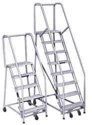 PW Platforms - 7 Step Ladder - Rolling Safety Ladder, 300 Lb Capacity, 70" Platform Height, 32" Base Width x 55" Base Depth, Perforated Tread - USA Tool & Supply