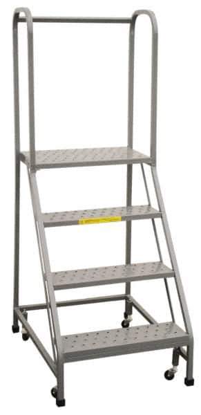 PW Platforms - 4 Step Ladder - Rolling Safety Ladder, 300 Lb Capacity, 40" Platform Height, 20" Base Width x 34" Base Depth, Perforated Tread - USA Tool & Supply