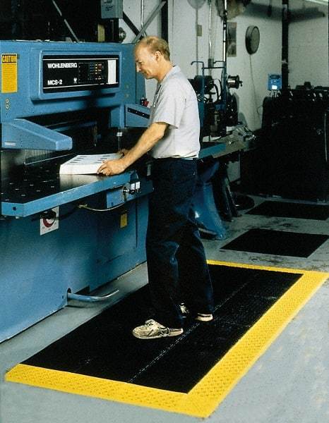 Notrax - 10' Long, Dry/Wet Environment, Anti-Fatigue Matting - Black with Yellow Borders, Vinyl with Vinyl Base, Beveled on 3 Sides - USA Tool & Supply