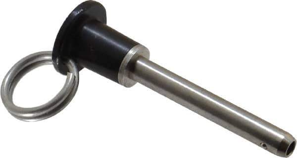 Jergens - 1/4" Diam, 1-1/2" Usable Length, Button Handle, Push Button Quick Release Pin - 2-3/4" Overall Length, Grade 17-4 Stainless Steel, Passivated Finish - USA Tool & Supply