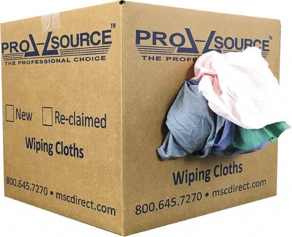 PRO-SOURCE - Reclaimed Poly/Cotton T-Shirt Rags - Assorted Colors, Poly/Cotton, Low Lint, 10 Lbs. at 4 to 6 per Pound, Box - USA Tool & Supply