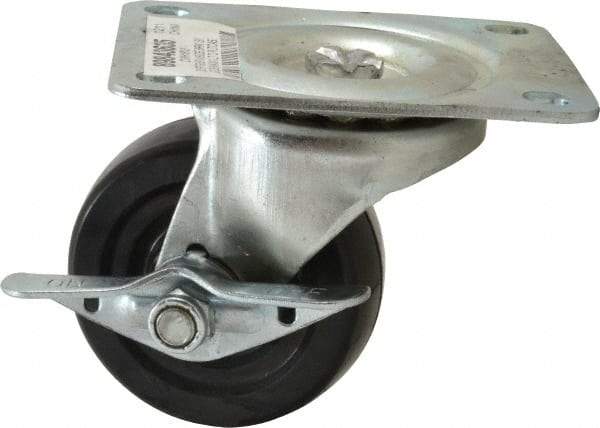 Value Collection - 3" Diam x 1-1/4" Wide x 3-13/16" OAH Top Plate Mount Swivel Caster with Brake - Soft Rubber, 175 Lb Capacity, Self-Lubricating Bearing, 3-1/8 x 4-1/8" Plate - USA Tool & Supply