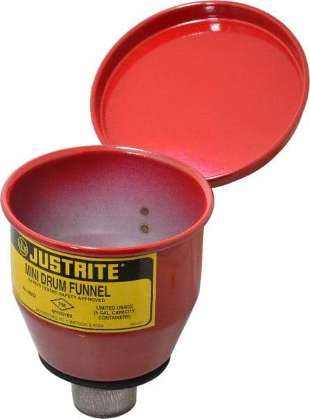 Justrite - 4-1/2" High x 4-1/2" Diam, Galvanized Steel, Manual Closing Pail Funnel with Flame Arrester - 1" Arrester/Tube Length, 5 Gal Drum/Pail Capacity - USA Tool & Supply