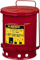 Justrite - 6 Gallon Capacity, Galvanized Steel Disposal Can - 11-7/8 Inch Wide/Diameter x 15-7/8 Inch High, Red, Foot Operated, Approved FM and UL - USA Tool & Supply