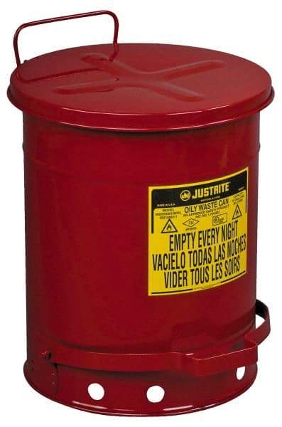 Justrite - 10 Gallon Capacity, Galvanized Steel Disposal Can - 13-15/16 Inch Wide/Diameter x 18-1/4 Inch High, Red, Foot Operated, Approved FM and UL - USA Tool & Supply