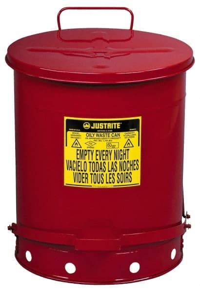 Justrite - 14 Gallon Capacity, Galvanized Steel Disposal Can - 16-1/16 Inch Wide/Diameter x 20-1/4 Inch High, Red, Foot Operated, Approved FM and UL - USA Tool & Supply