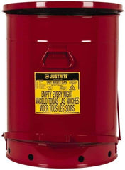 Justrite - 21 Gallon Capacity, Galvanized Steel Disposal Can - 18-3/8 Inch Wide/Diameter x 23-7/16 Inch High, Red, Foot Operated, Approved FM and UL - USA Tool & Supply