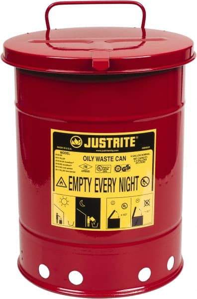 Justrite - 6 Gallon Capacity, Galvanized Steel Disposal Can - 11-7/8 Inch Wide/Diameter x 15-7/8 Inch High, Red, Hand Operated, Approved FM and UL - USA Tool & Supply