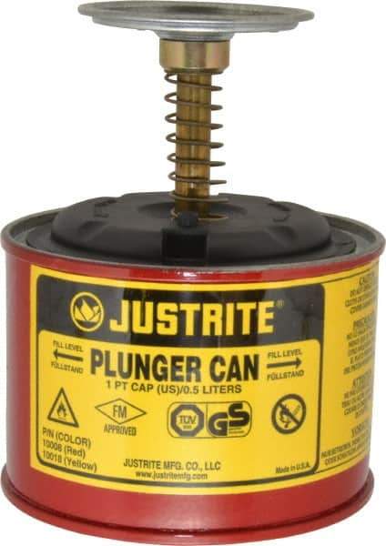 Justrite - 1 Pint Capacity, 5-1/4 Inch High x 4-7/8 Inch Diameter, Steel Plunger Can - 2-3/4 Inch Dasher Diameter, Red, Approval Listing/Regulation FM - USA Tool & Supply