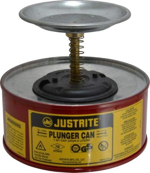 Justrite - 1 Quart Capacity, 5-5/8 Inch High x 7-1/4 Inch Diameter, Steel Plunger Can - 5 Inch Dasher Diameter, Red, Approval Listing/Regulation FM - USA Tool & Supply