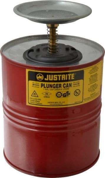 Justrite - 4 Quart Capacity, 10-1/2 Inch High x 7-1/4 Inch Diameter, Steel Plunger Can - 5 Inch Dasher Diameter, Red, Approval Listing/Regulation FM - USA Tool & Supply