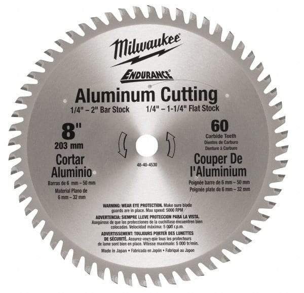 Milwaukee Tool - 8" Diam, 5/8" Arbor Hole Diam, 60 Tooth Wet & Dry Cut Saw Blade - Carbide-Tipped, Burr-Free & Smooth Action, Standard Round Arbor - USA Tool & Supply