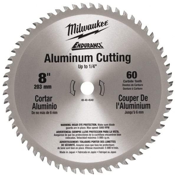 Milwaukee Tool - 8" Diam, 5/8" Arbor Hole Diam, 60 Tooth Wet & Dry Cut Saw Blade - Carbide-Tipped, Burr-Free & Smooth Action, Standard Round Arbor - USA Tool & Supply