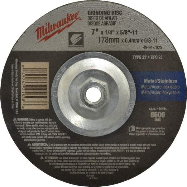 Milwaukee Tool - 24 Grit, 7" Wheel Diam, 1/4" Wheel Thickness, Type 27 Depressed Center Wheel - Aluminum Oxide, Resinoid Bond, R Hardness, 8,600 Max RPM, Compatible with Angle Grinder - USA Tool & Supply