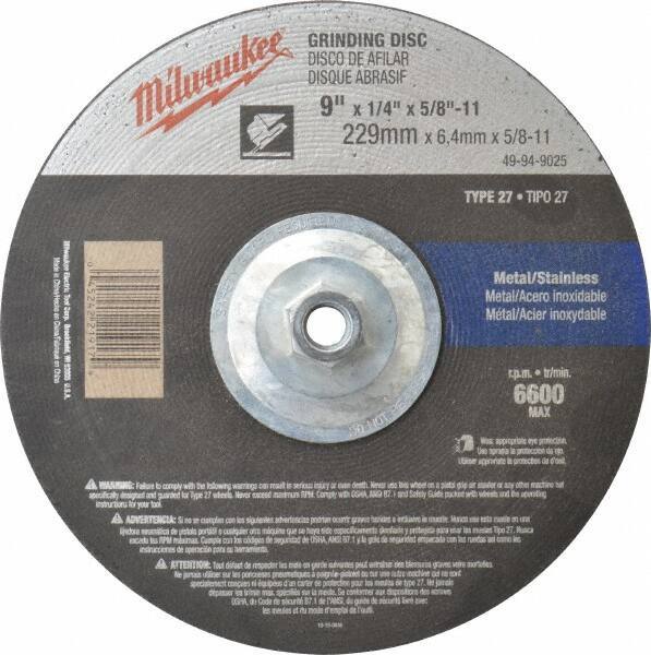 Milwaukee Tool - 24 Grit, 9" Wheel Diam, 1/4" Wheel Thickness, Type 27 Depressed Center Wheel - Aluminum Oxide, Resinoid Bond, R Hardness, 6,600 Max RPM, Compatible with Angle Grinder - USA Tool & Supply