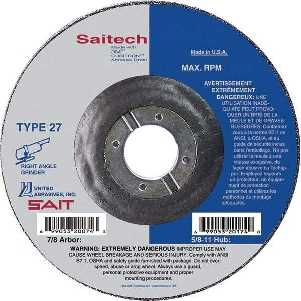 Sait - 4" Wheel Diam, 1/4" Wheel Thickness, 5/8" Arbor Hole, Type 27 Depressed Center Wheel - Ceramic, Resinoid Bond, 13,500 Max RPM, Compatible with Angle Grinder - USA Tool & Supply