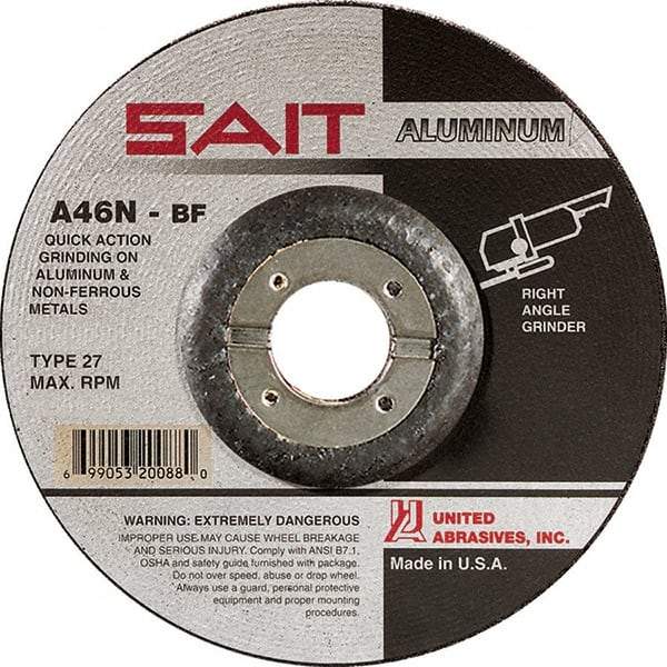 Sait - 46 Grit, 7" Wheel Diam, 1/4" Wheel Thickness, 7/8" Arbor Hole, Type 27 Depressed Center Wheel - Aluminum Oxide, Resinoid Bond, N Hardness, 8,500 Max RPM, Compatible with Angle Grinder - USA Tool & Supply
