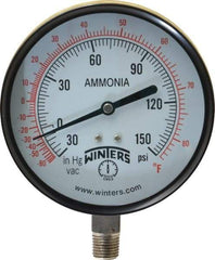 Winters - 4" Dial, 1/4 Thread, 30-0-150 Scale Range, Pressure Gauge - Lower Connection Mount, Accurate to 3-2-3% of Scale - USA Tool & Supply