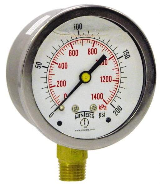 Winters - 2-1/2" Dial, 1/4 Thread, 0-160 Scale Range, Pressure Gauge - Lower Connection Mount, Accurate to 1.5% of Scale - USA Tool & Supply