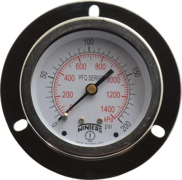 Winters - 2-1/2" Dial, 1/4 Thread, 0-200 Scale Range, Pressure Gauge - Front Flange Panel Mount, Center Back Connection Mount, Accurate to 1.5% of Scale - USA Tool & Supply