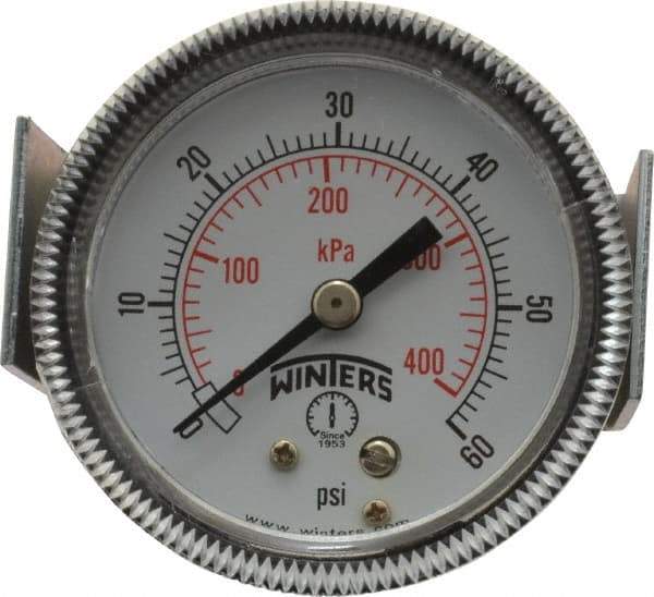 Winters - 2" Dial, 1/8 Thread, 0-60 Scale Range, Pressure Gauge - U-Clamp Panel Mount, Center Back Connection Mount, Accurate to 2.5% of Scale - USA Tool & Supply