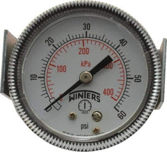 Winters - 2" Dial, 1/8 Thread, 0-60 Scale Range, Pressure Gauge - U-Clamp Panel Mount, Center Back Connection Mount, Accurate to 2.5% of Scale - USA Tool & Supply