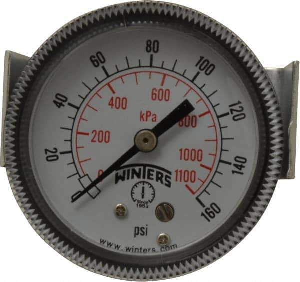 Winters - 2" Dial, 1/8 Thread, 0-160 Scale Range, Pressure Gauge - U-Clamp Panel Mount, Center Back Connection Mount, Accurate to 2.5% of Scale - USA Tool & Supply
