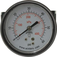Winters - 2-1/2" Dial, 1/4 Thread, 0-60 Scale Range, Pressure Gauge - U-Clamp Panel Mount, Center Back Connection Mount, Accurate to 2.5% of Scale - USA Tool & Supply