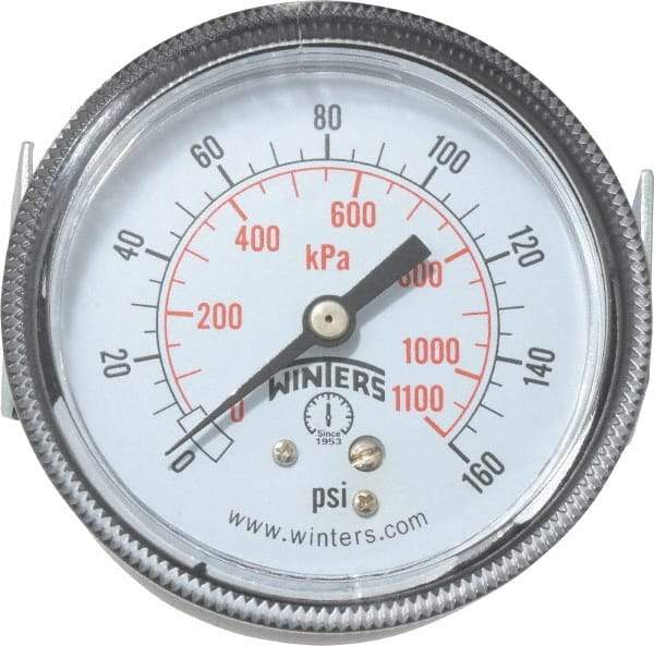 Winters - 2-1/2" Dial, 1/4 Thread, 0-160 Scale Range, Pressure Gauge - U-Clamp Panel Mount, Center Back Connection Mount, Accurate to 2.5% of Scale - USA Tool & Supply
