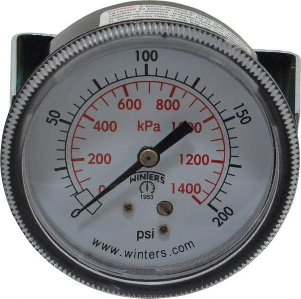 Winters - 2-1/2" Dial, 1/4 Thread, 0-200 Scale Range, Pressure Gauge - U-Clamp Panel Mount, Center Back Connection Mount, Accurate to 2.5% of Scale - USA Tool & Supply