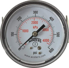 Winters - 2-1/2" Dial, 1/4 Thread, 0-600 Scale Range, Pressure Gauge - U-Clamp Panel Mount, Center Back Connection Mount, Accurate to 2.5% of Scale - USA Tool & Supply