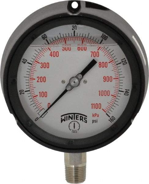 Winters - 4-1/2" Dial, 1/2 Thread, 0-160 Scale Range, Pressure Gauge - Lower Connection Mount, Accurate to 0.5% of Scale - USA Tool & Supply